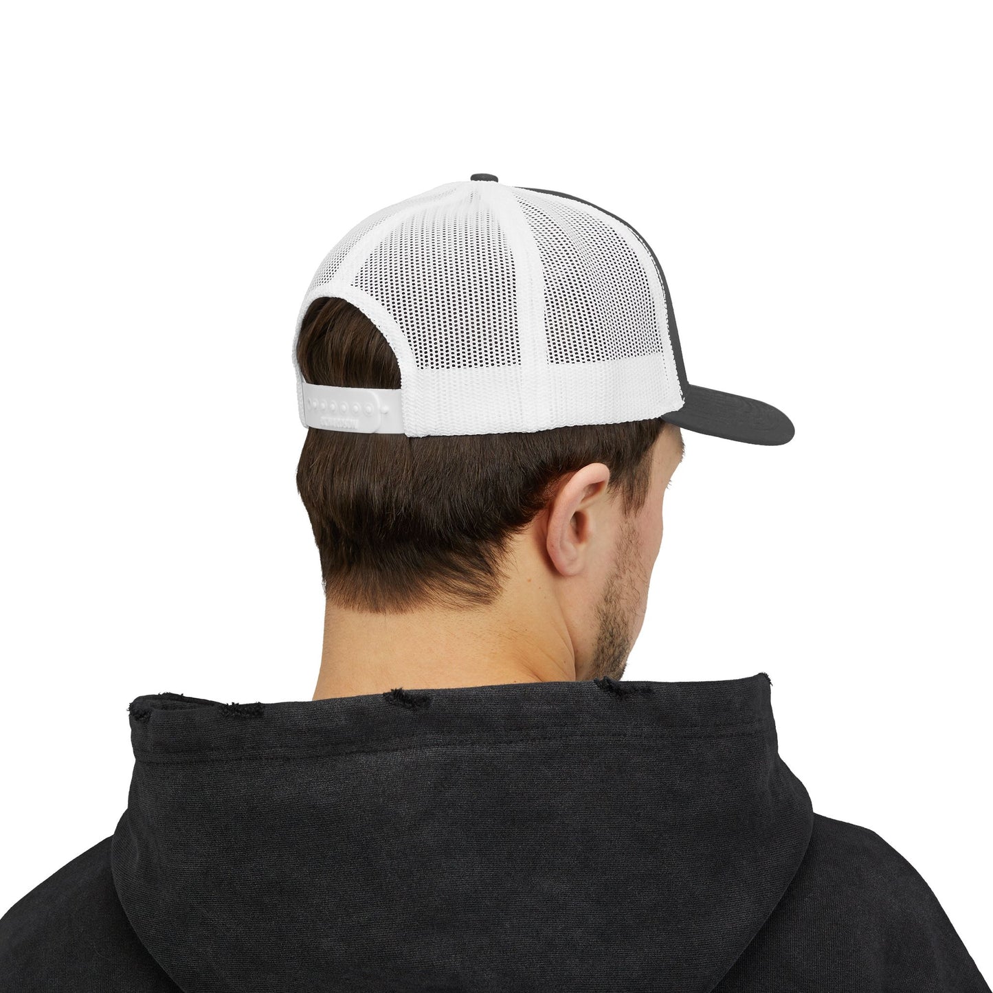 Gorra Piktrik Snapback Trucker – Diseño de corazón en rosa voltaje (rosa neón) – Carbón/Blanco