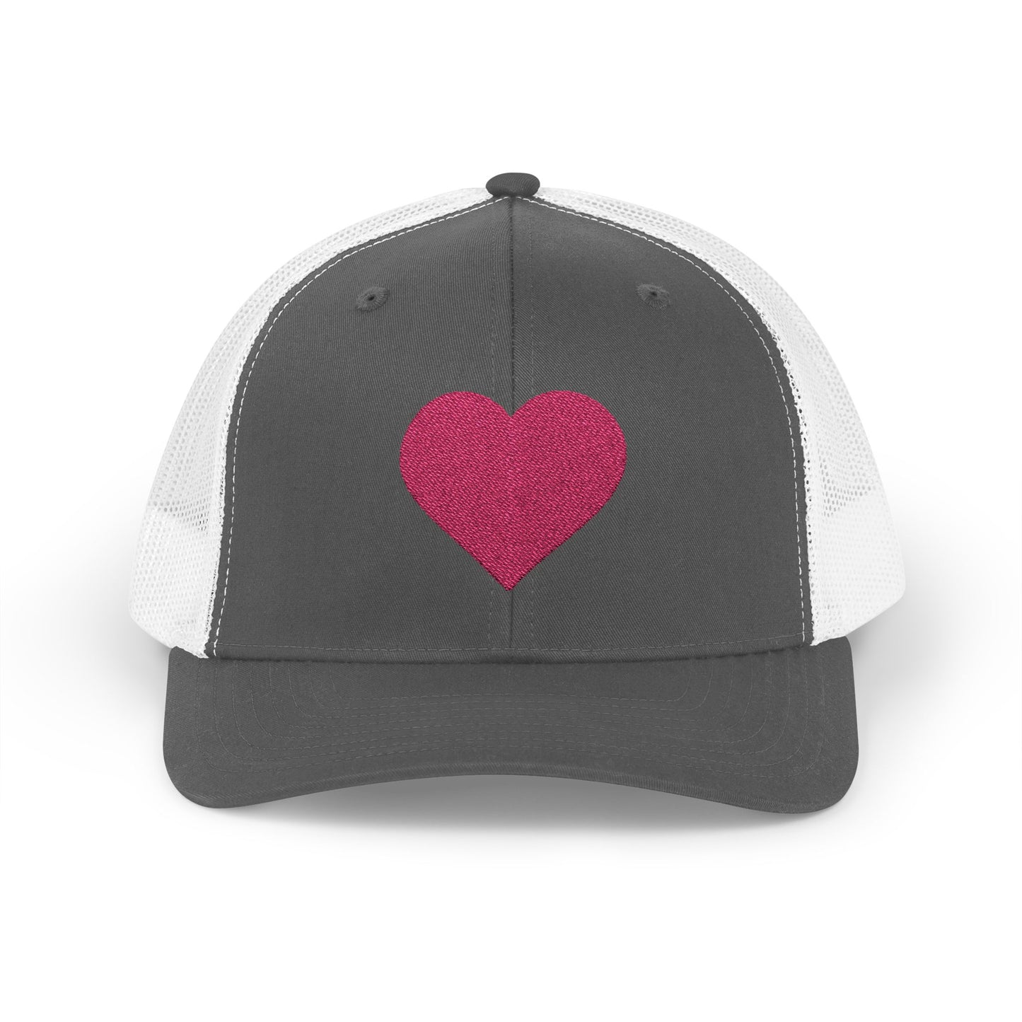 Gorra Piktrik Snapback Trucker – Diseño de corazón en rosa voltaje (rosa neón) – Carbón/Blanco
