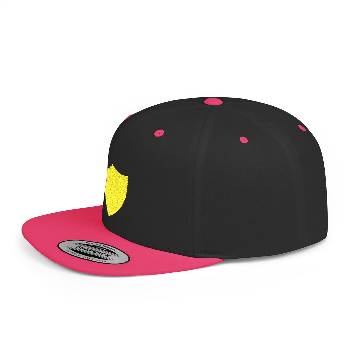 Gorra Piktrik Flat Bill Snapback – Diseño de escudo en Golden Surge (Dorado) – Negro y rosa neón
