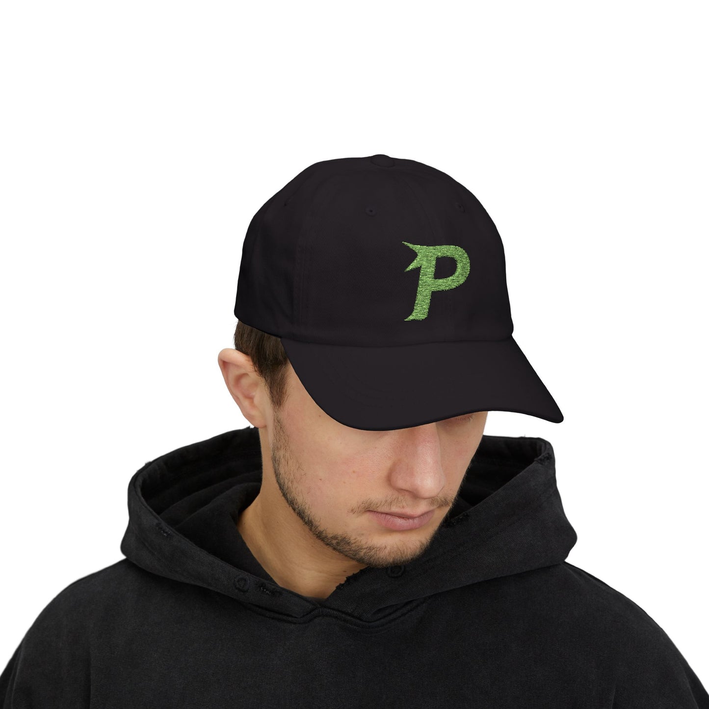 Gorra clásica Piktrik Dad con el logotipo P en verde neón (lima eléctrica) y negro