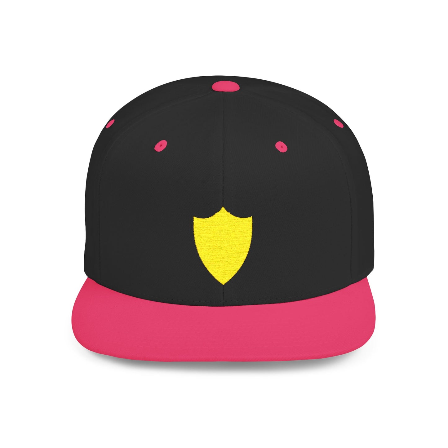 Gorra Piktrik Flat Bill Snapback – Diseño de escudo en Golden Surge (Dorado) – Negro y rosa neón