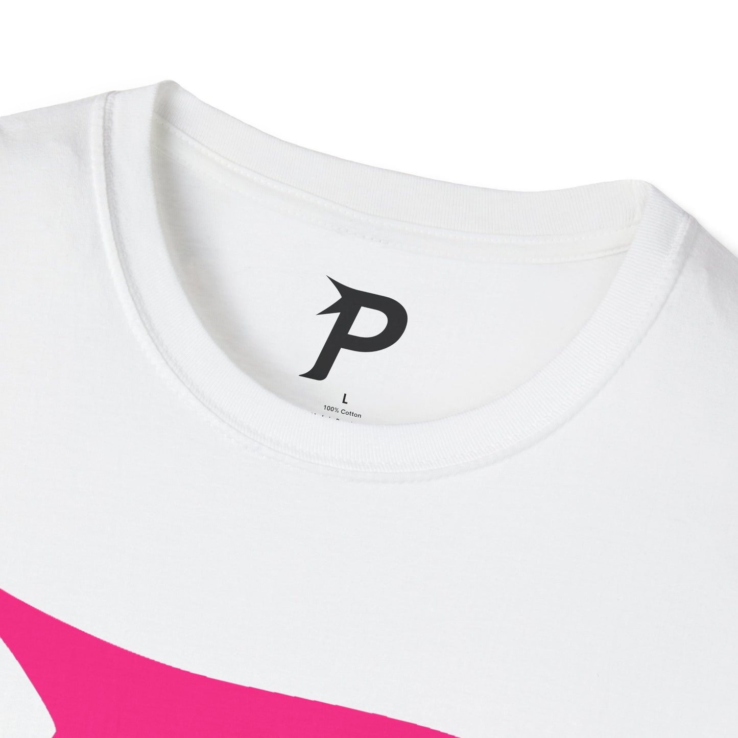 Piktrik Unisex Softstyle T-Shirt – P Logo in Voltage Pink (Neon Pink) – White