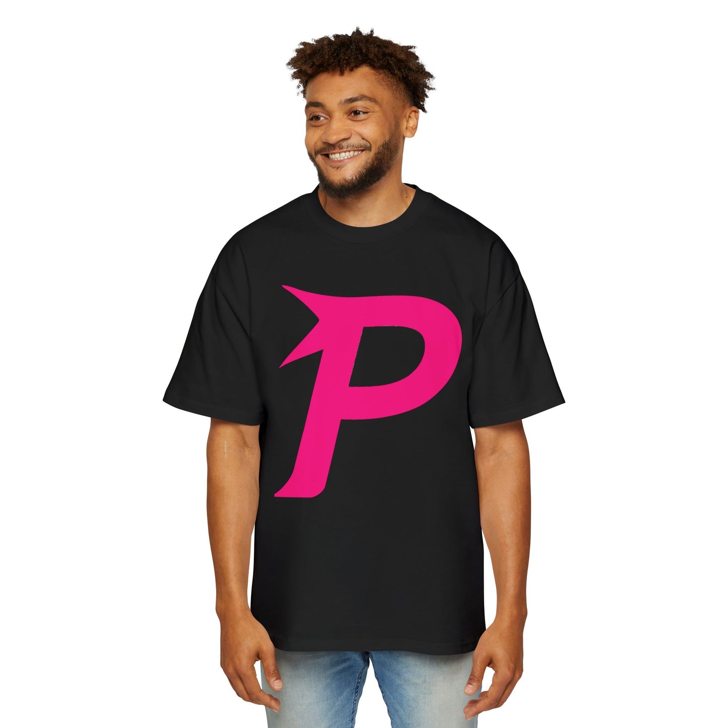 Piktrik Men's Heavy Oversized Tee – P Logo in Voltage Pink (Neon Pink) – Black