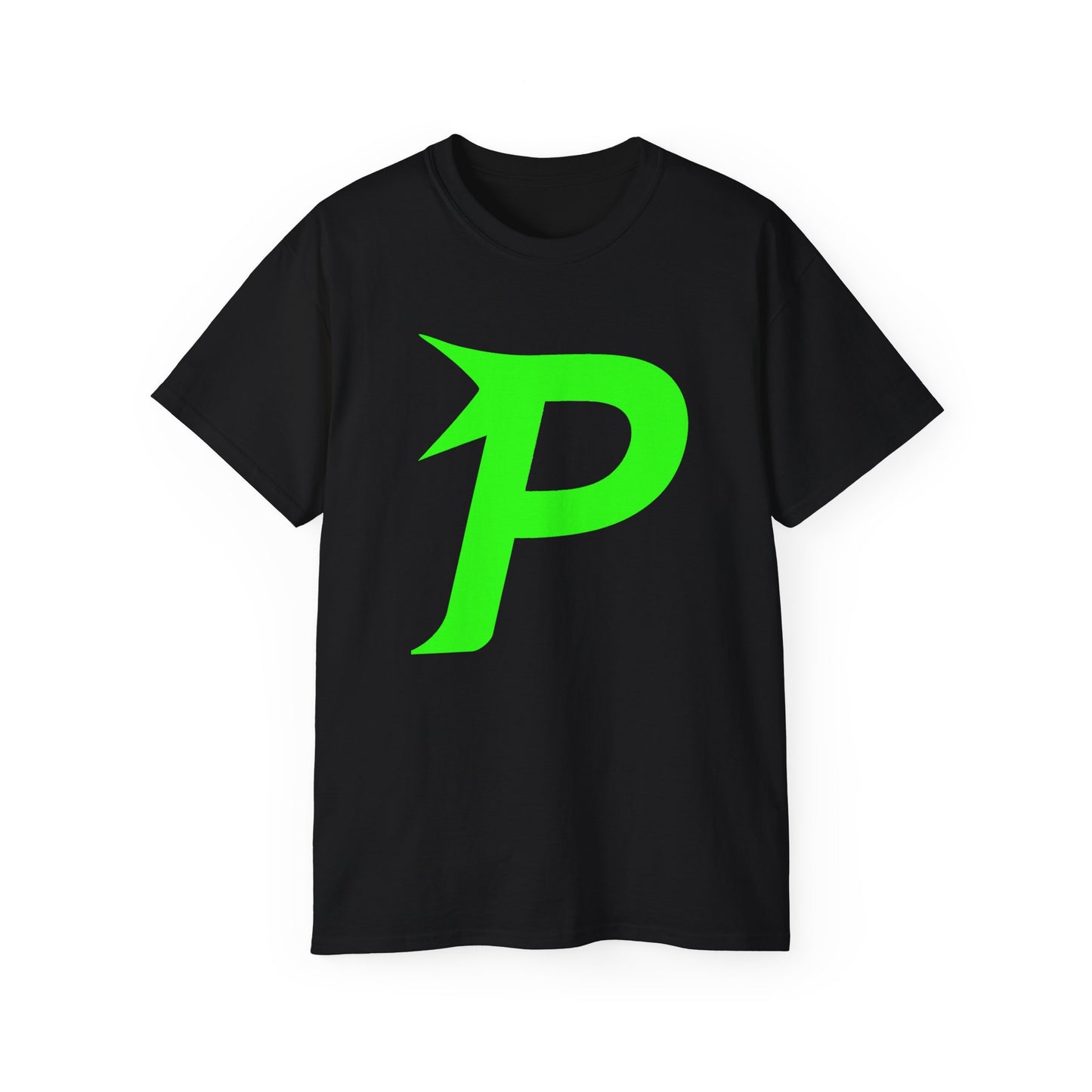 Camiseta unisex de algodón ultra fino Piktrik – Logotipo P en verde neón (lima eléctrica) – Negro