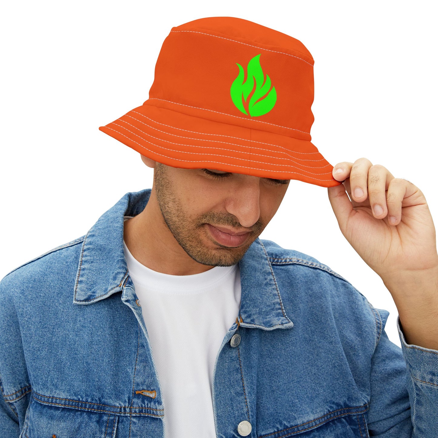 Sombrero de pescador Piktrik – Diseño de ondas de llamas en verde lima eléctrico (verde neón) – Naranja