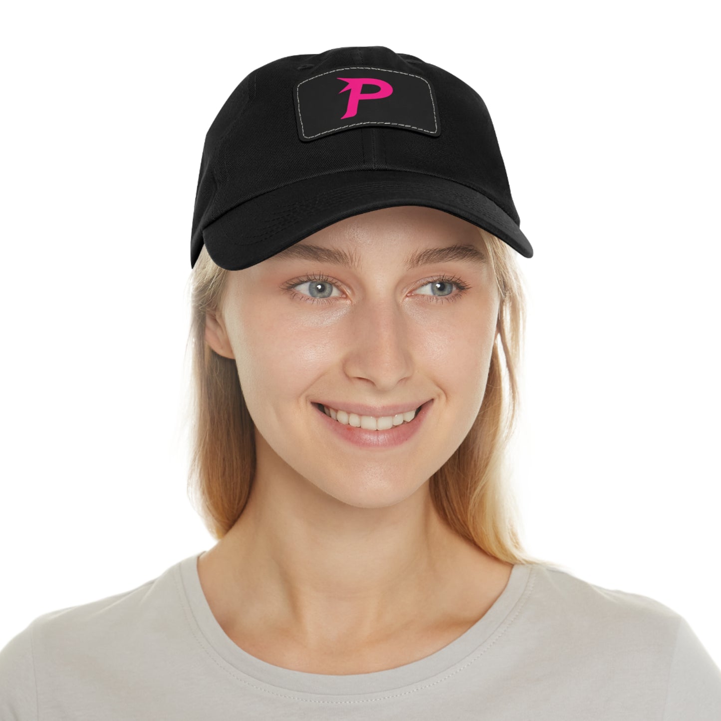 Gorra Piktrik Dad con parche de cuero – Logotipo P en rosa voltaje (rosa neón) – Negro