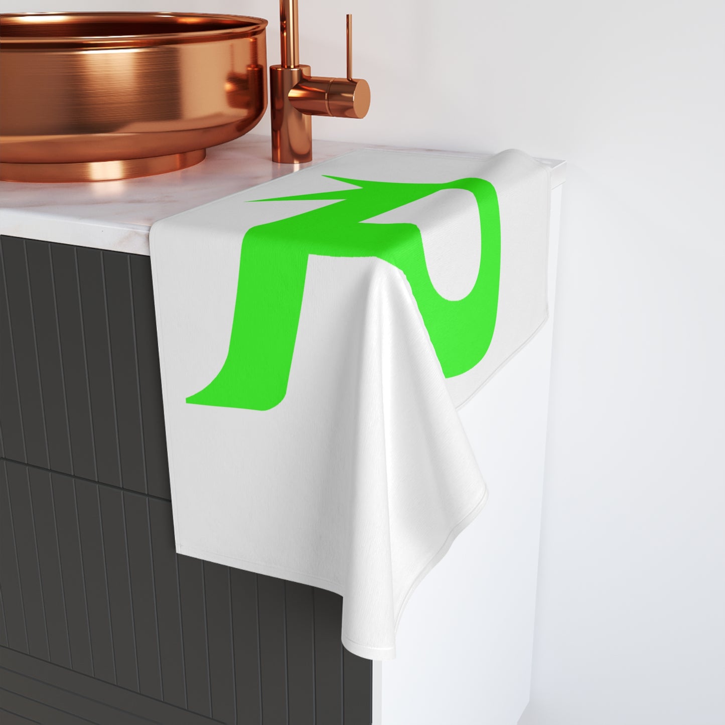Toalla de manos Piktrik – Logotipo P en verde neón (lima eléctrica) – Blanco