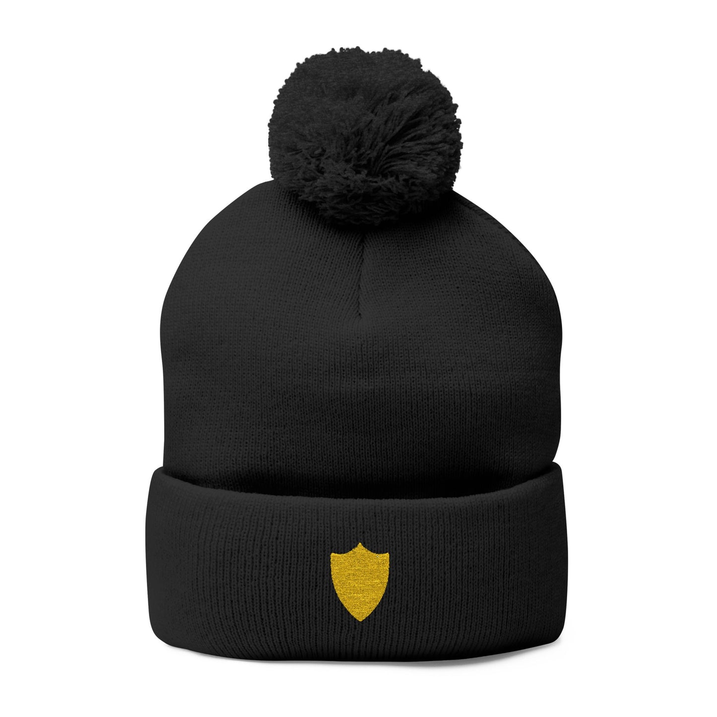 Gorro de punto con pompón Piktrik: diseño de escudo bordado en dorado (dorado) – Negro