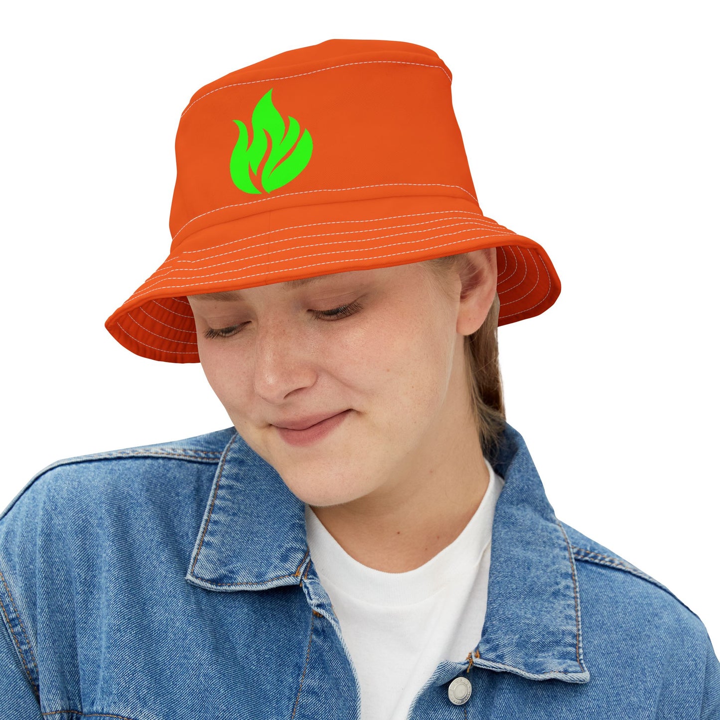 Sombrero de pescador Piktrik – Diseño de ondas de llamas en verde lima eléctrico (verde neón) – Naranja