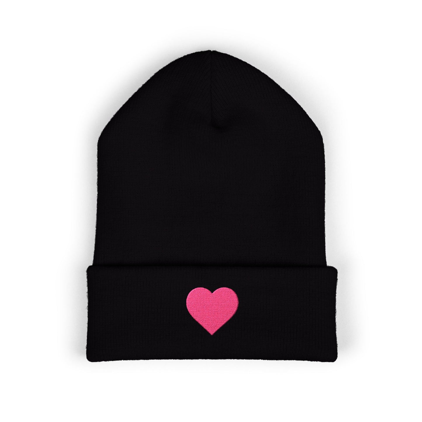 Gorro clásico Piktrik con puños – Diseño de corazón bordado en rosa voltaje (rosa neón) – Negro