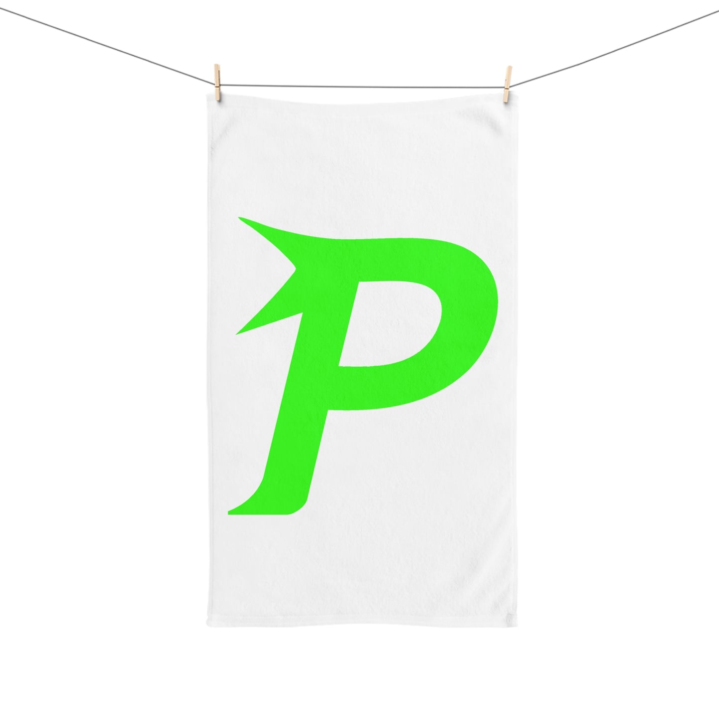 Toalla de manos Piktrik – Logotipo P en verde neón (lima eléctrica) – Blanco