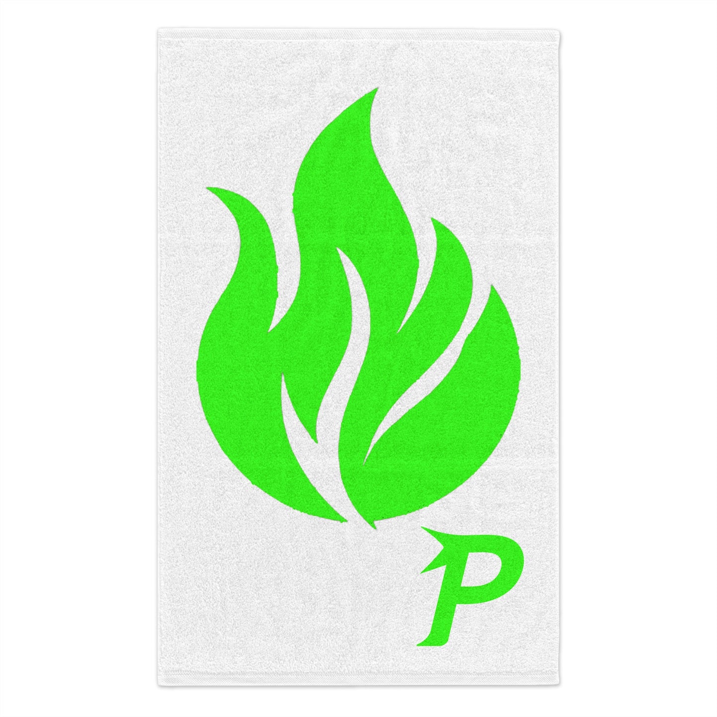 Toalla Piktrik Rally de 28 x 45 cm – Diseño de ondas de llamas con el logotipo P en verde lima eléctrico (verde neón) – Blanco