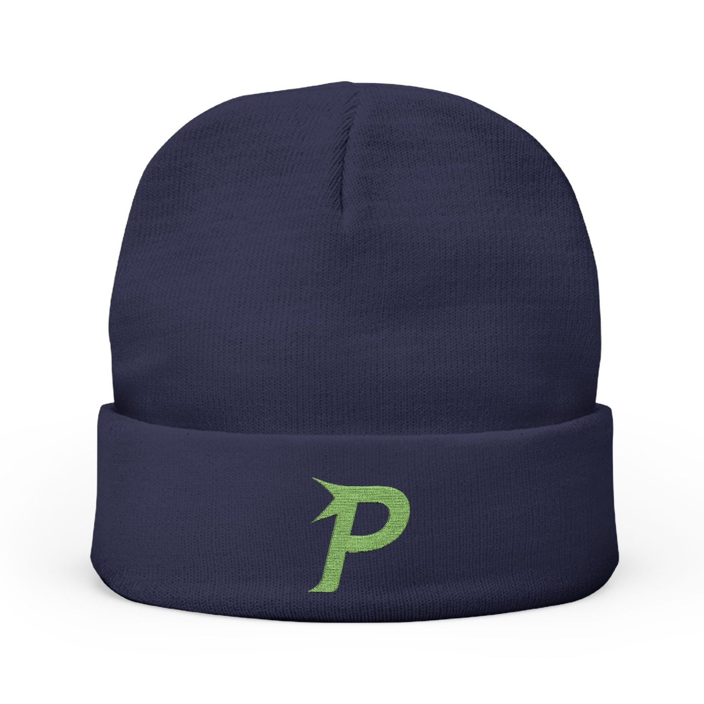 Gorro de punto Piktrik con el logo P bordado en verde neón (lima eléctrica) y azul marino oscuro