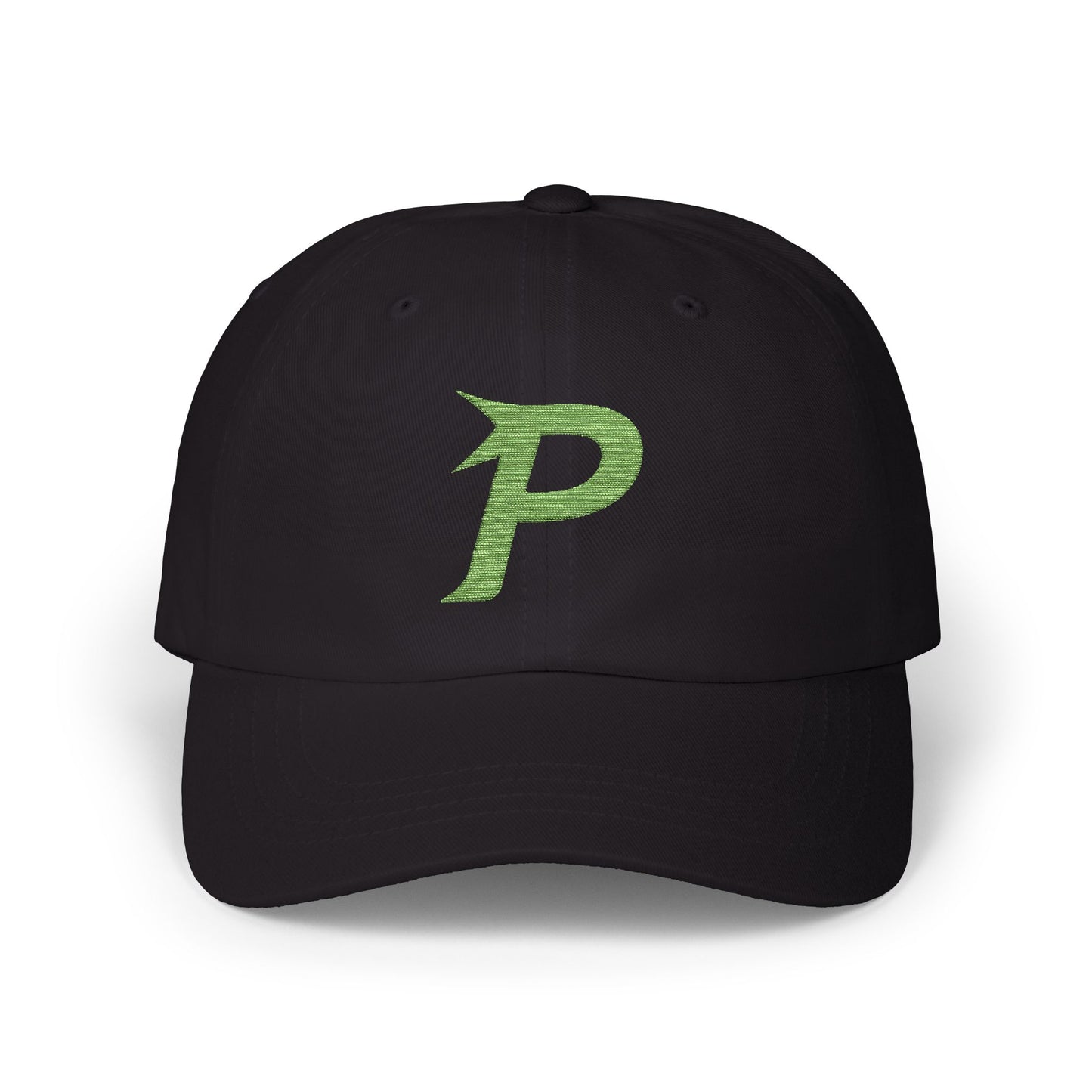 Gorra clásica Piktrik Dad con el logotipo P en verde neón (lima eléctrica) y negro