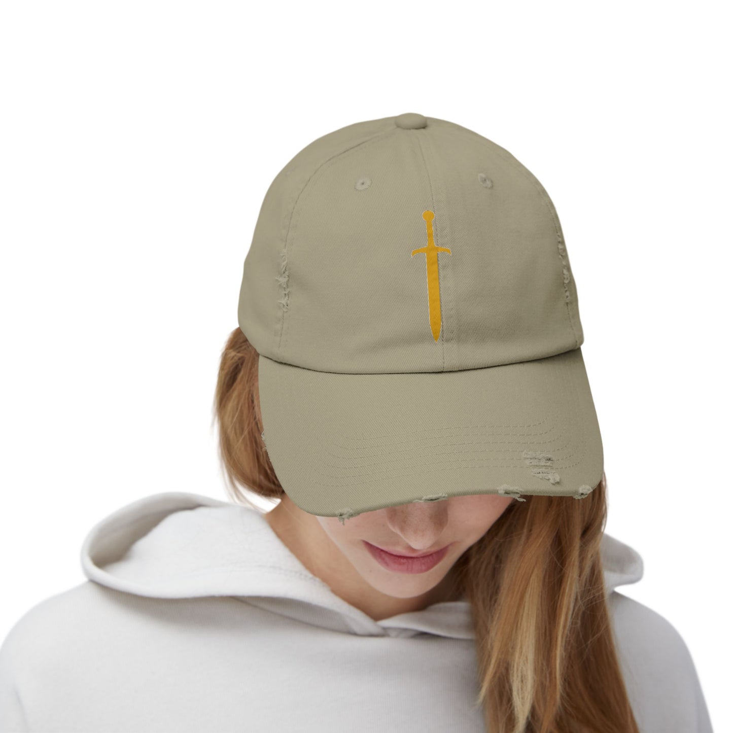 Gorra unisex Piktrik con efecto desgastado – Diseño de espada en color dorado (dorado) – Oliva