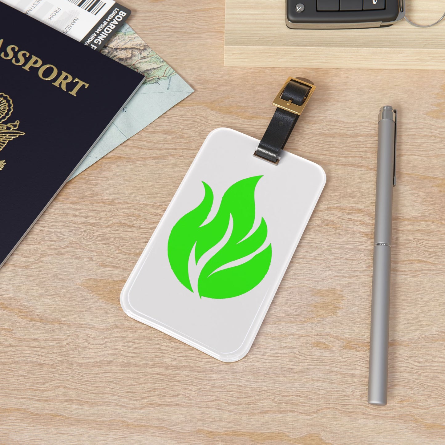 Etiqueta de equipaje Piktrik – Diseño de ondas de llama en verde neón (lima eléctrica) – Blanco