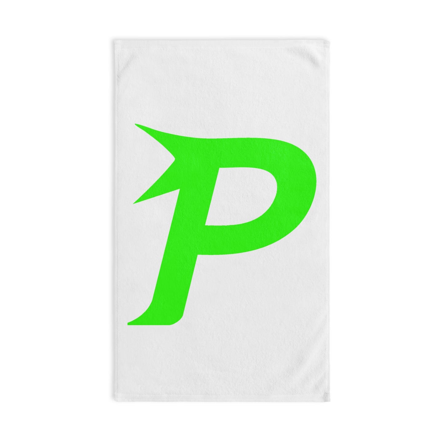Toalla de manos Piktrik – Logotipo P en verde neón (lima eléctrica) – Blanco