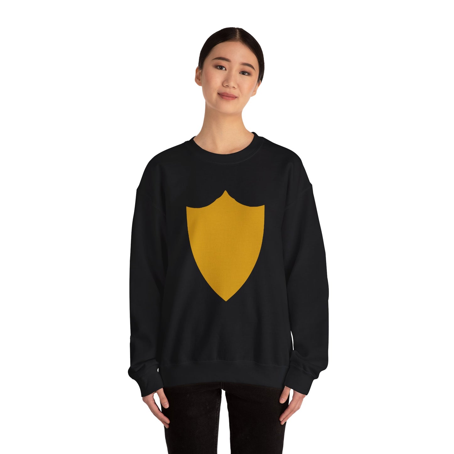 Sudadera unisex Piktrik Heavy Blend™ con cuello redondo y diseño de escudo en dorado (dorado) - Negro