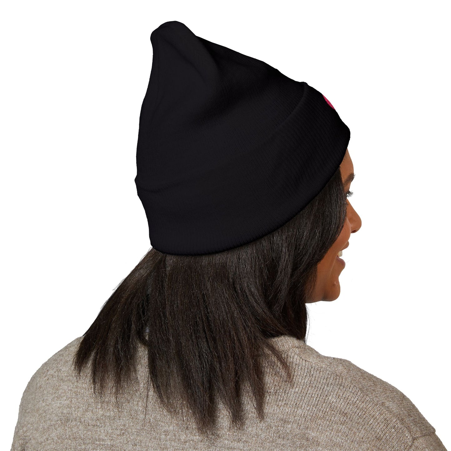 Gorro clásico Piktrik con puños – Diseño de corazón bordado en rosa voltaje (rosa neón) – Negro