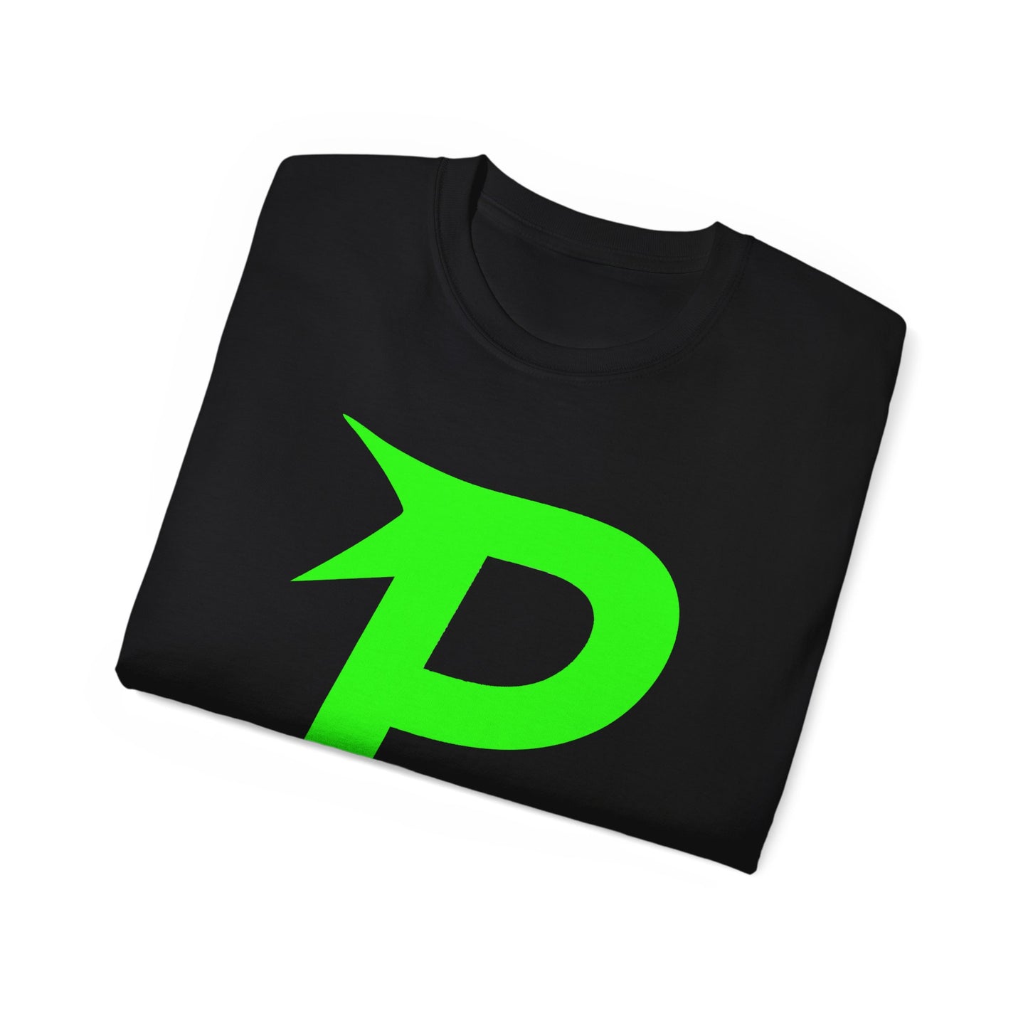 Camiseta unisex de algodón ultra fino Piktrik – Logotipo P en verde neón (lima eléctrica) – Negro