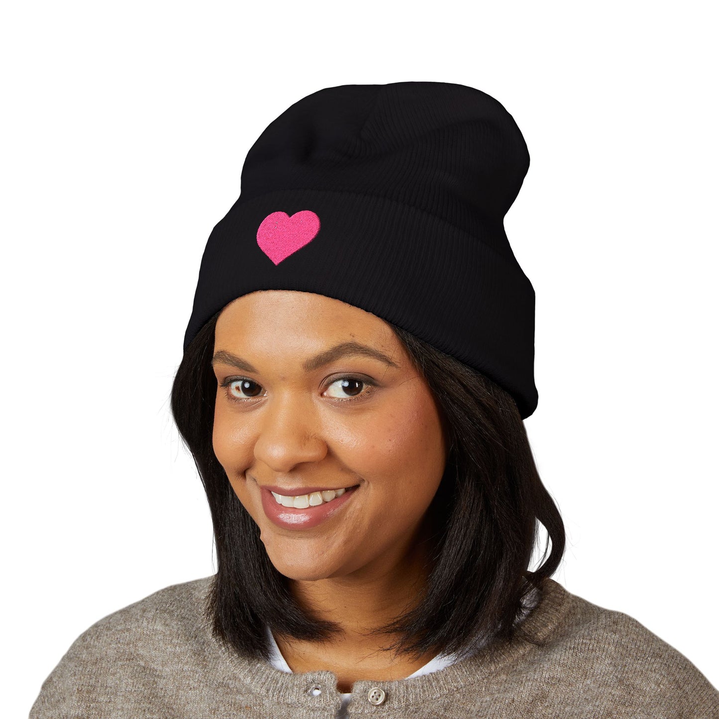 Gorro clásico Piktrik con puños – Diseño de corazón bordado en rosa voltaje (rosa neón) – Negro