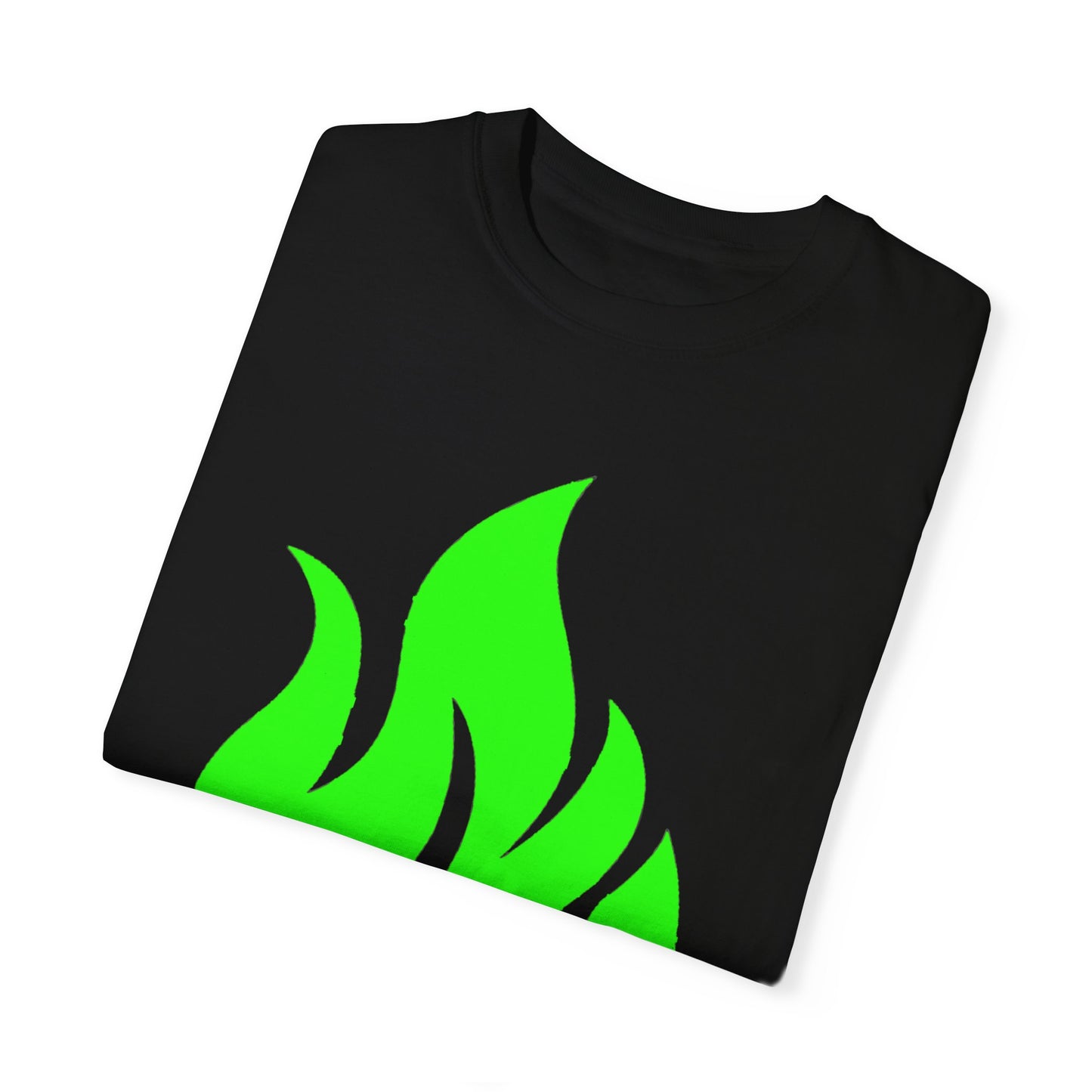 Camiseta unisex teñida Piktrik – Diseño de ondas de llamas en verde neón (lima eléctrica) – Negro