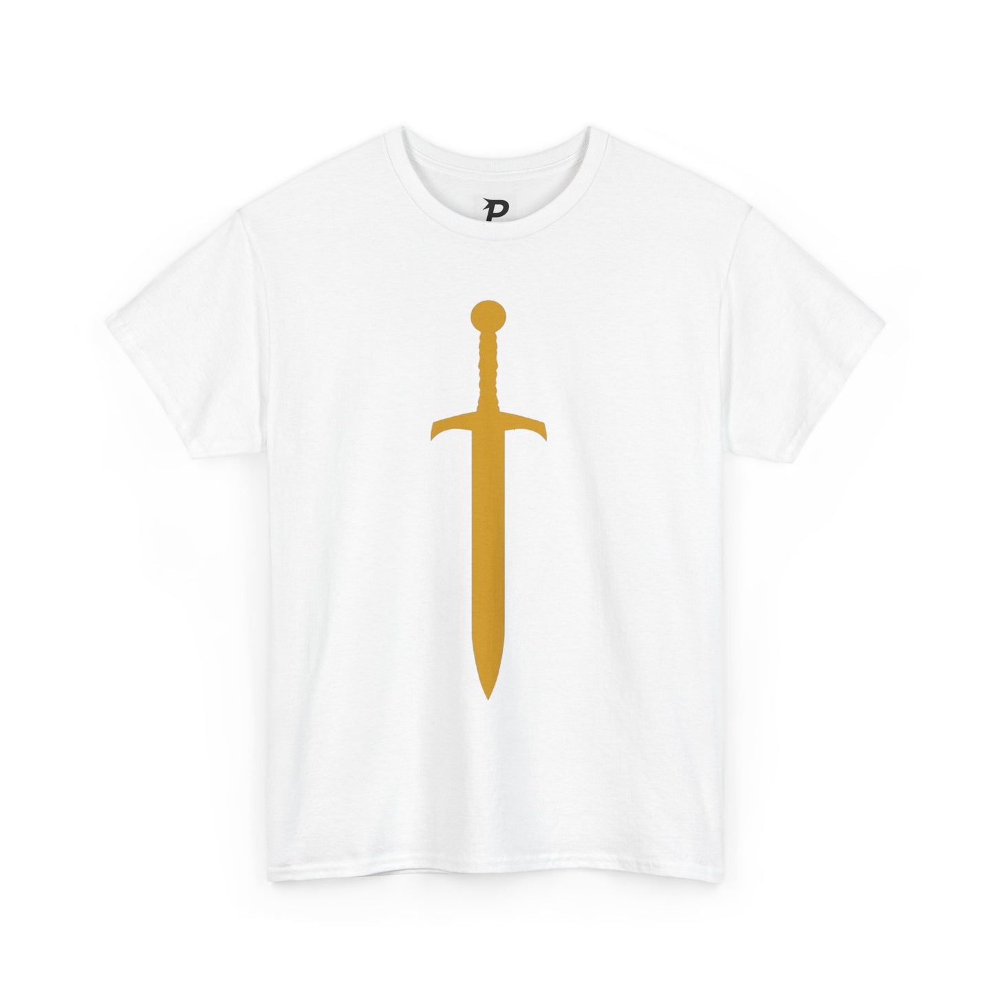 Camiseta unisex de algodón grueso Piktrik – Diseño de espada en Golden Surge (dorado) – Blanco