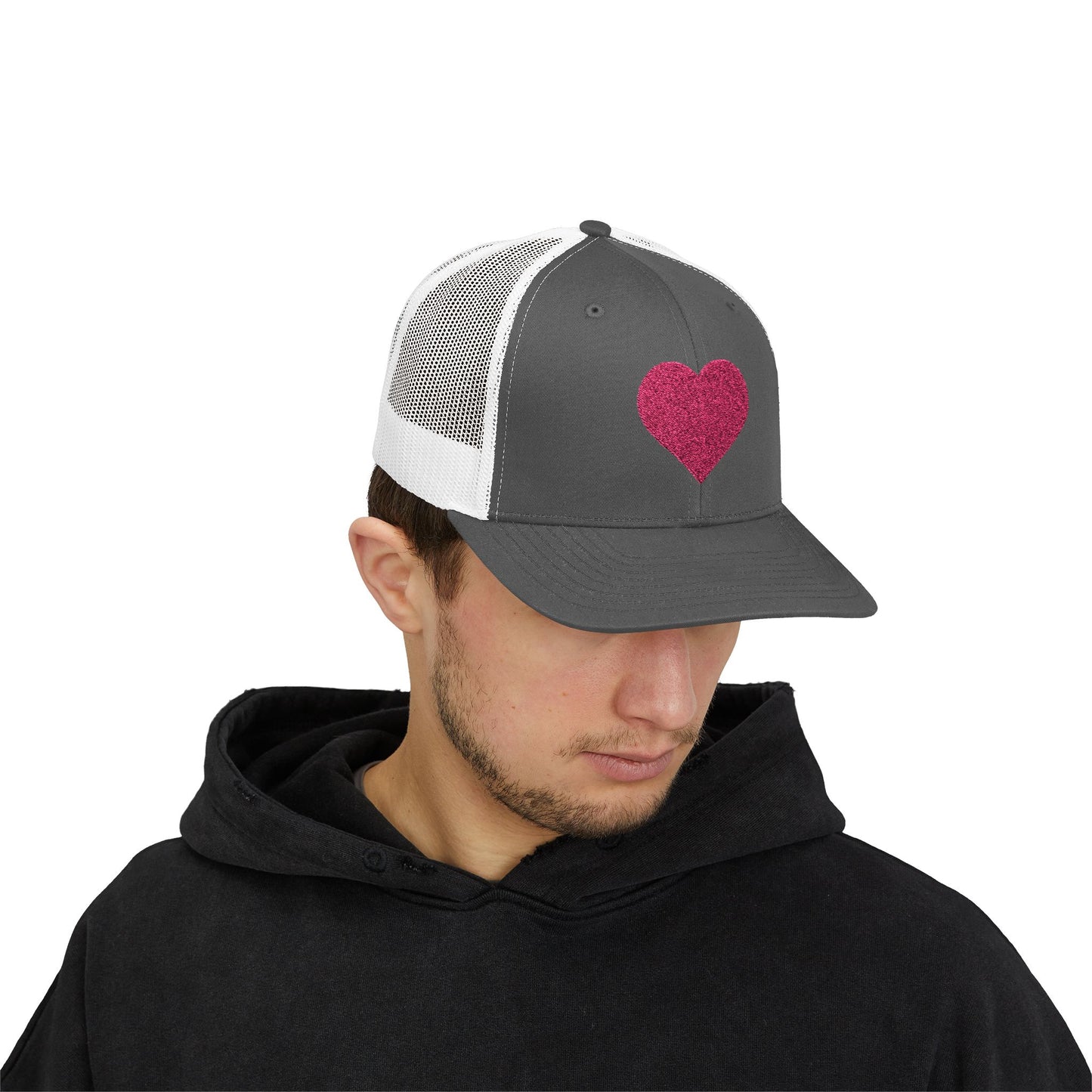 Gorra Piktrik Snapback Trucker – Diseño de corazón en rosa voltaje (rosa neón) – Carbón/Blanco
