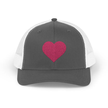 Gorra Piktrik Snapback Trucker – Diseño de corazón en rosa voltaje (rosa neón) – Carbón/Blanco