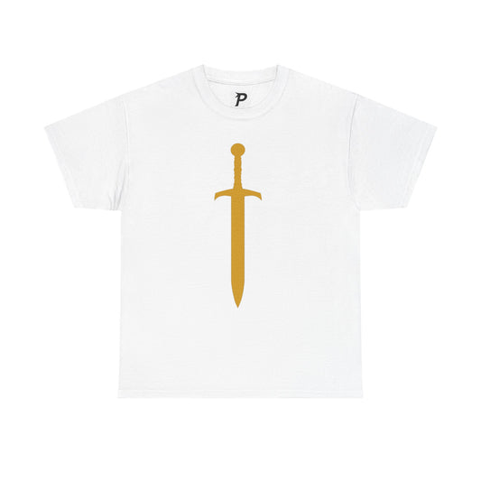 Piktrik Unisex Heavy Cotton Tee – Sword Design in Golden Surge (Gold) – White