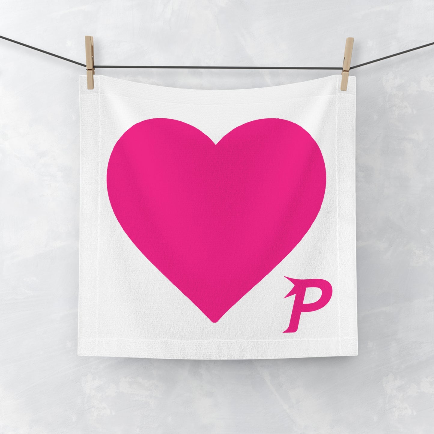Piktrik Face Towel – Heart Design with P Logo in Voltage Pink (Neon Pink) – White