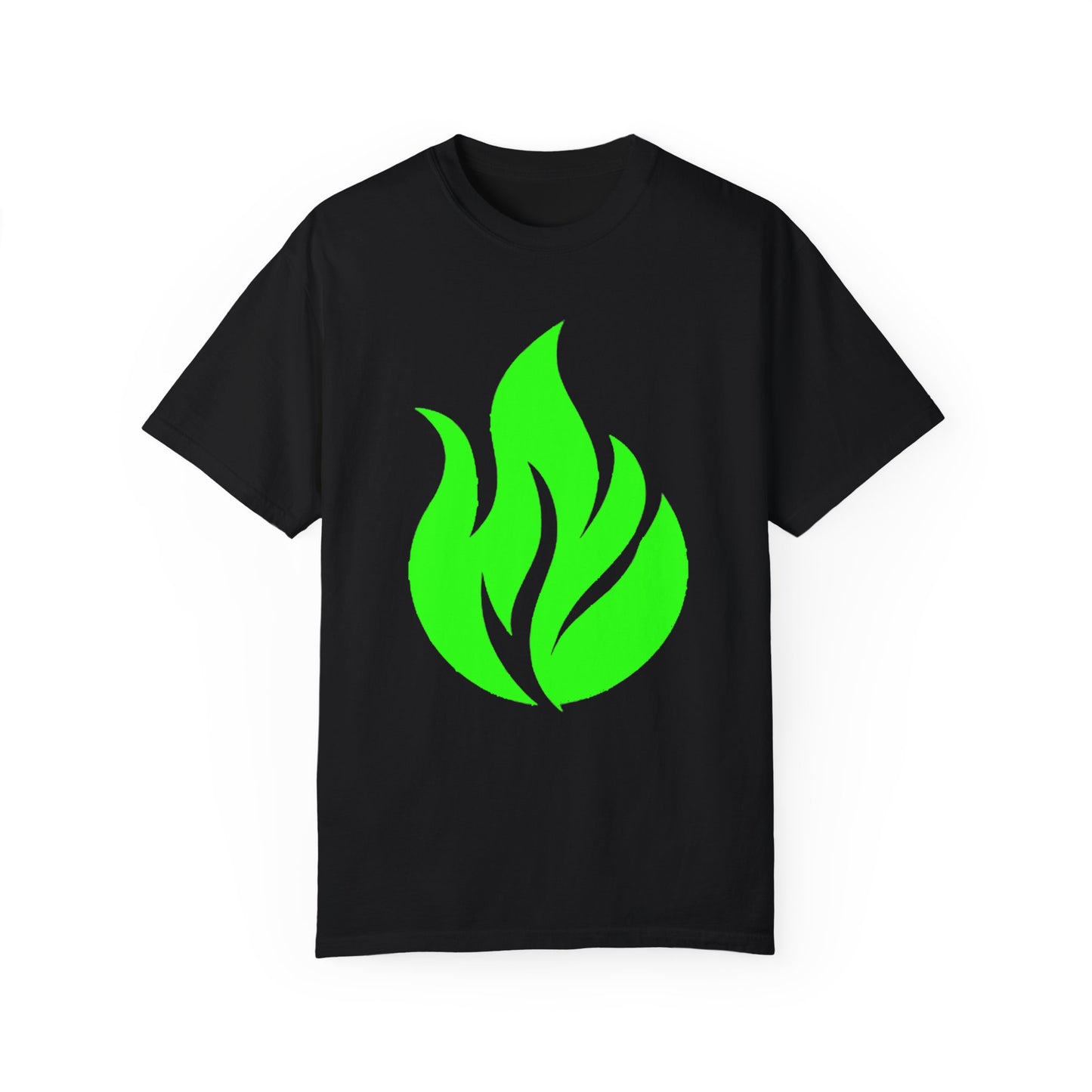 Camiseta unisex teñida Piktrik – Diseño de ondas de llamas en verde neón (lima eléctrica) – Negro