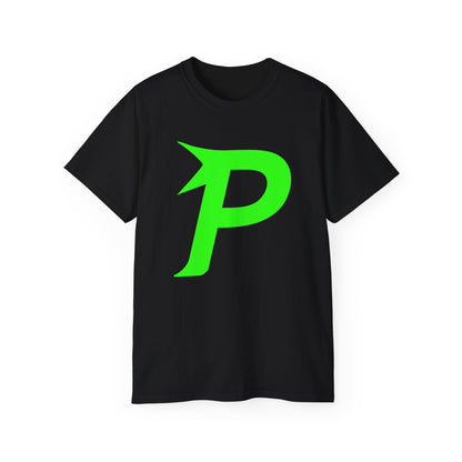 Camiseta unisex de algodón ultra fino Piktrik – Logotipo P en verde neón (lima eléctrica) – Negro 