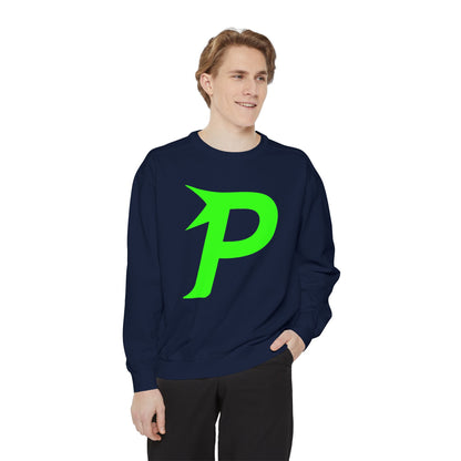 Sudadera unisex teñida Piktrik – Logotipo P en verde neón (lima eléctrica) – Azul marino