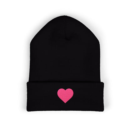 Gorro clásico Piktrik con puños – Diseño de corazón bordado en rosa voltaje (rosa neón) – Negro