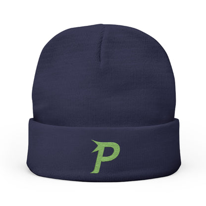 Gorro de punto Piktrik con el logo P bordado en verde neón (lima eléctrica) y azul marino oscuro